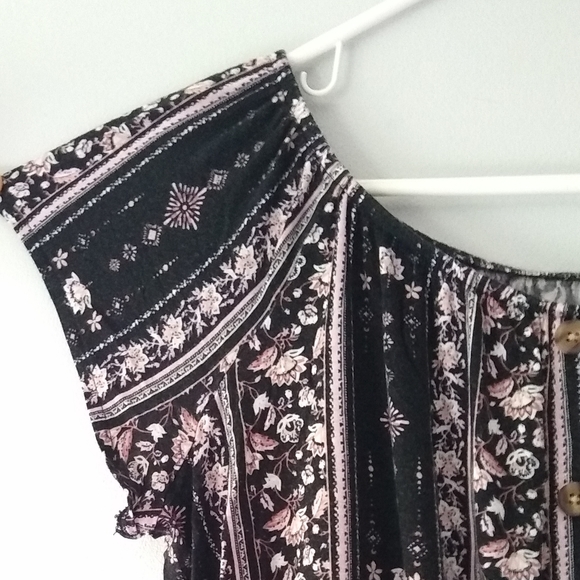 Mudd Crop Top Cap Sleeve Floral Stripe Black Pink White Scoop Neck Large - Picture 4 of 11